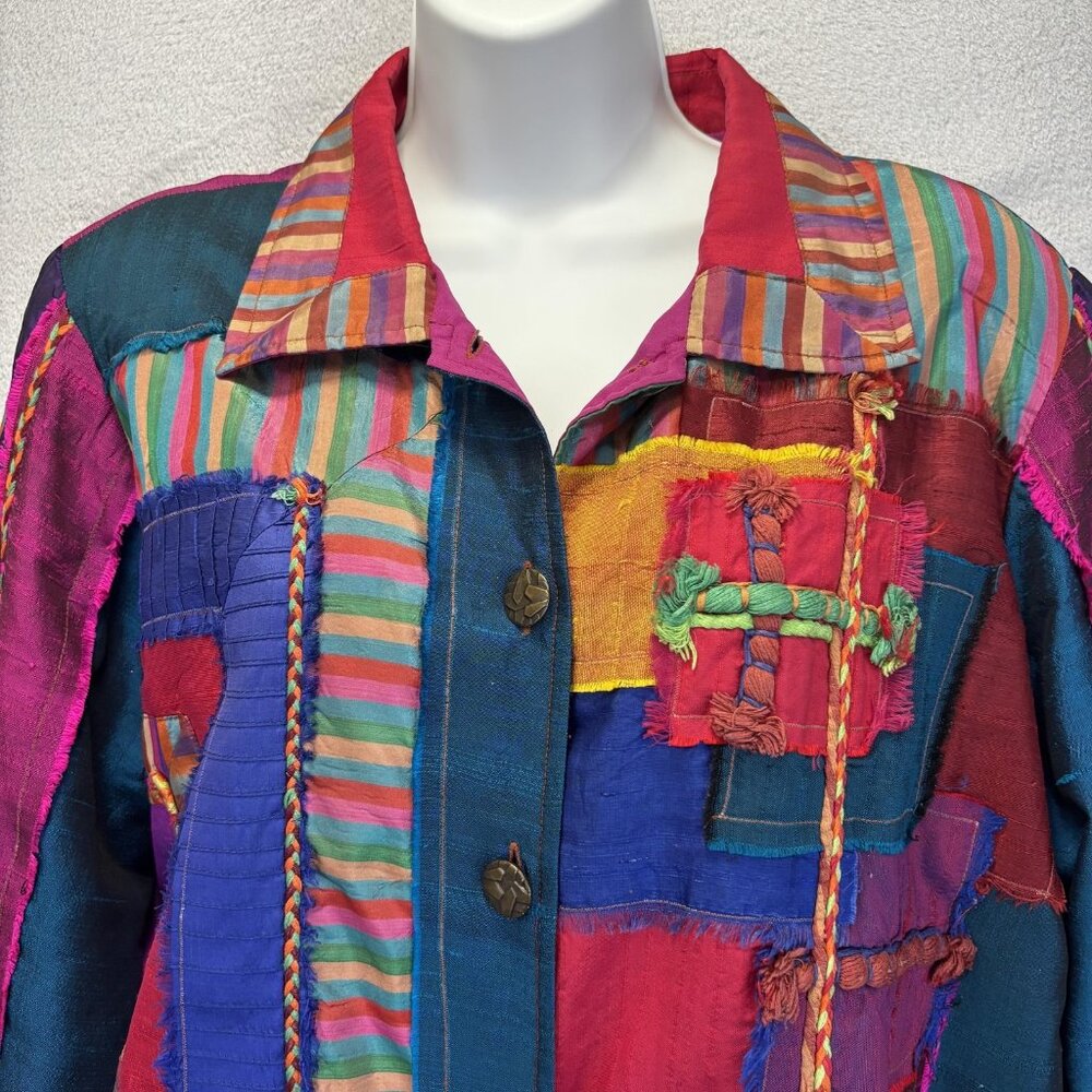 Coldwater Creek Patchwork Silk Blend Jacket Womens Large L Colorful Boho Hippie - Picture 5 of 16